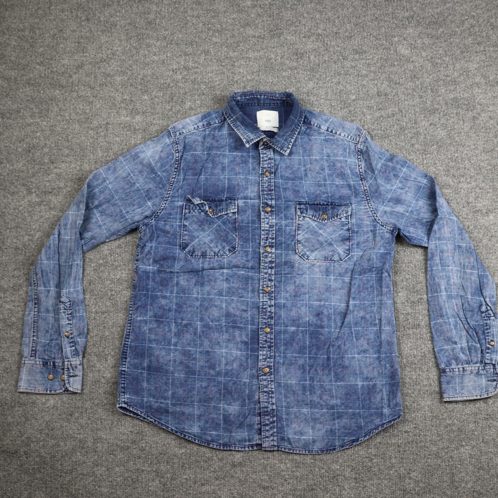 Zip Code 1992 Shirt Mens Large Blue Plaid Long Sleeve Button Front Denim